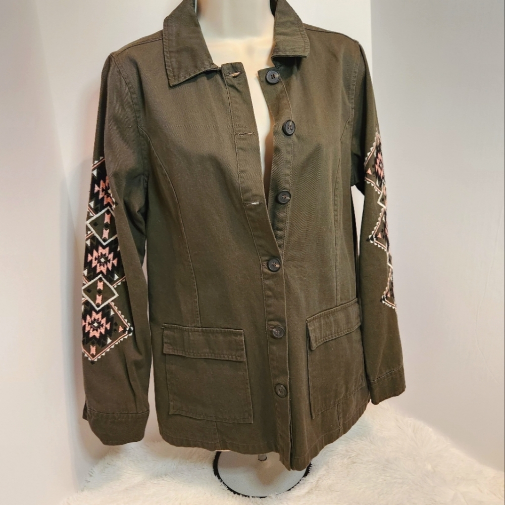 💚 Altar'd State Embroidered Jacket/Shirt Button Down Olive Green Size Small